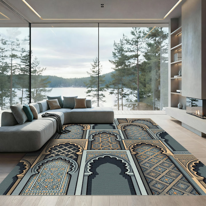 Intricate Blue Gold Archway Rug