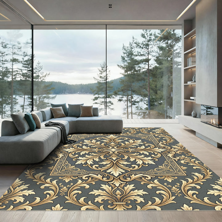 Gold Scrollwork Frame Dark Grey Rug