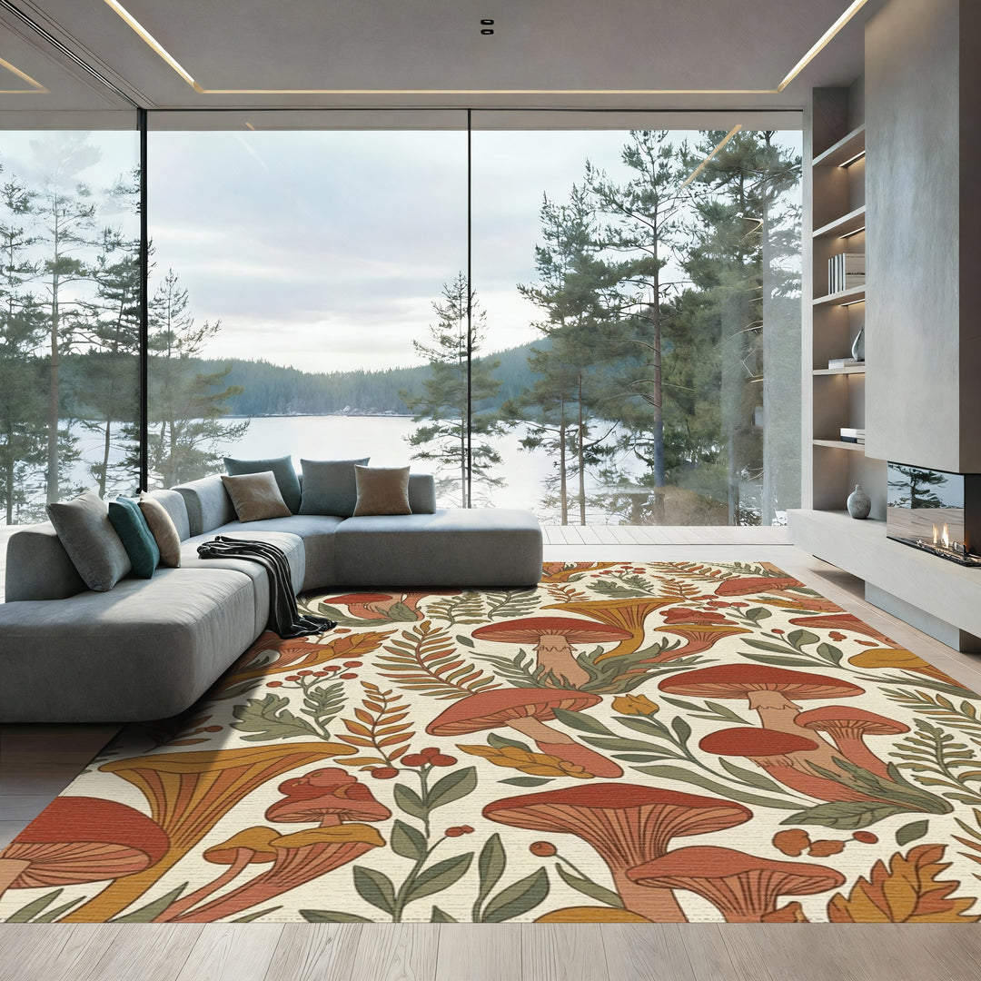 Rusty Mushroom Forest Foliage Scene Rug