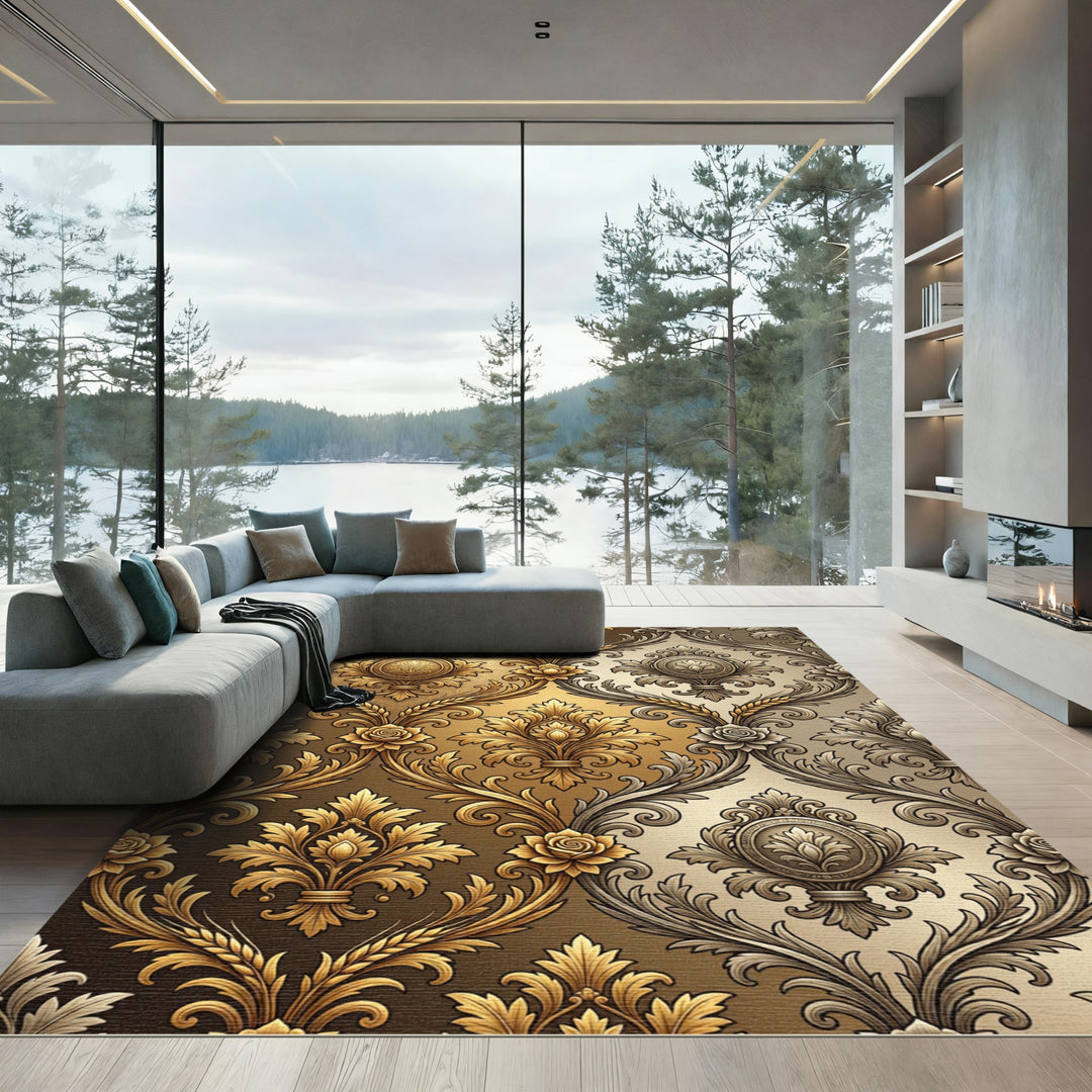 Ornate Gold Floral Scroll Damask Rug