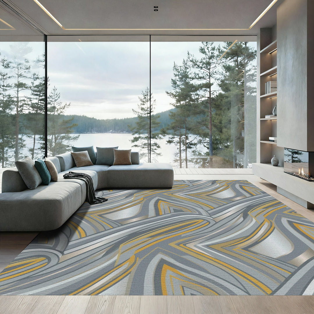 Modern Gray Gold Wavy Stripe Rug