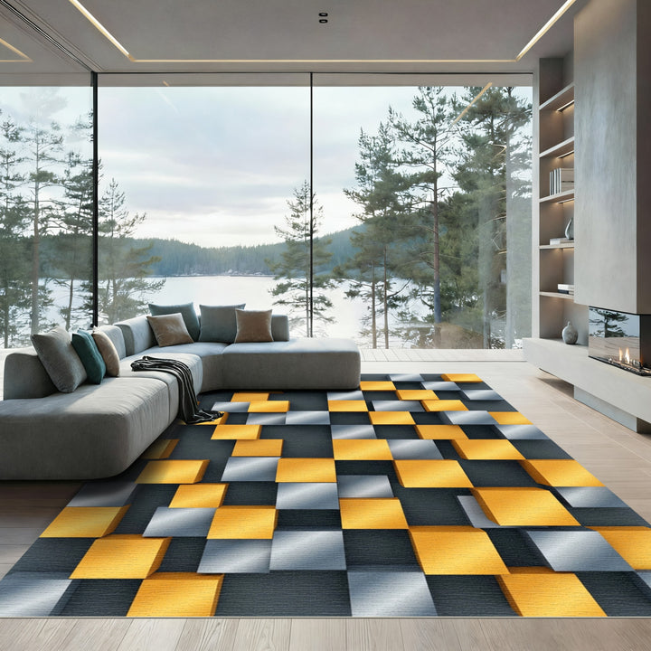 Golden Gray Cubes Illusion Rug