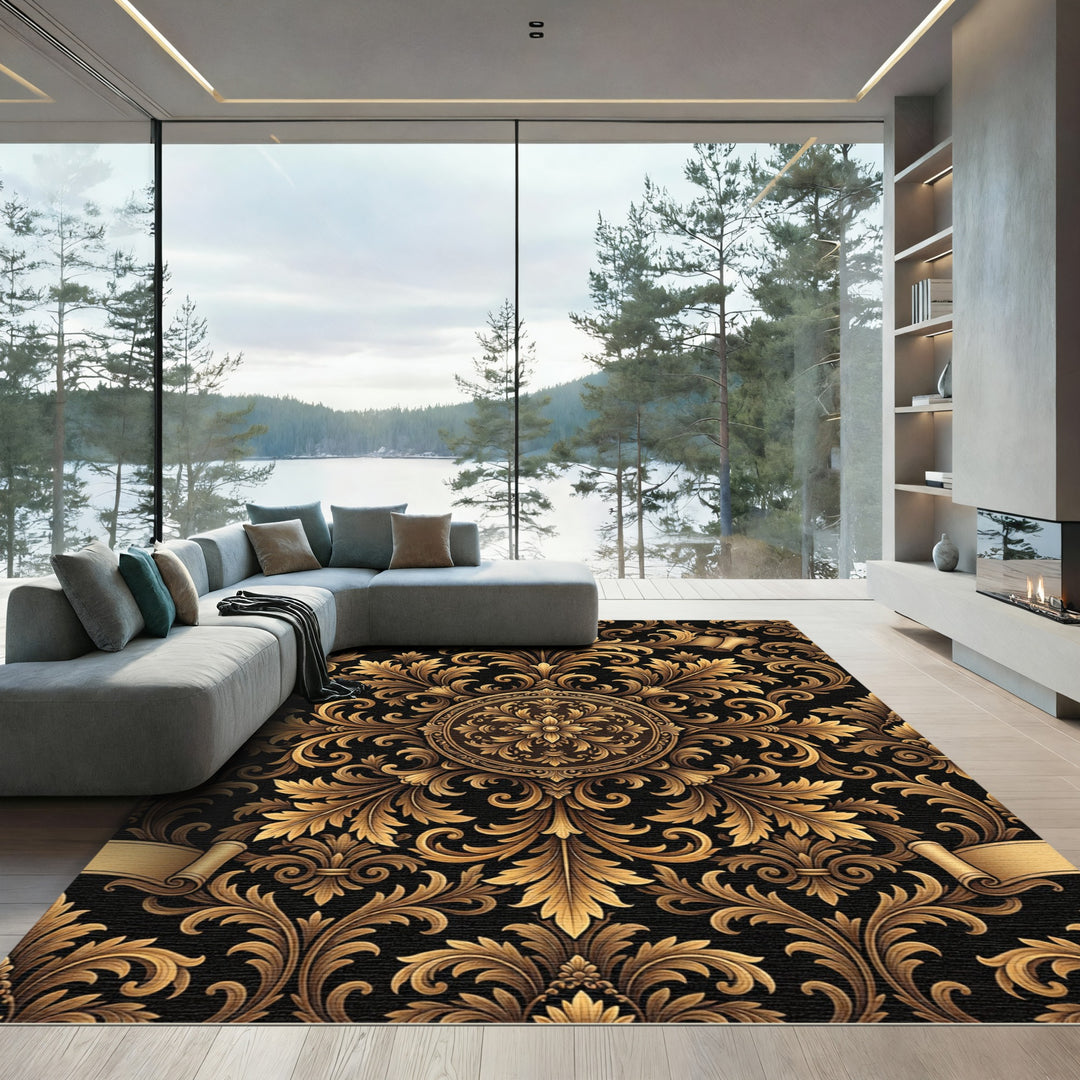 Black Gold Acanthus Scrollwork Medallion Rug