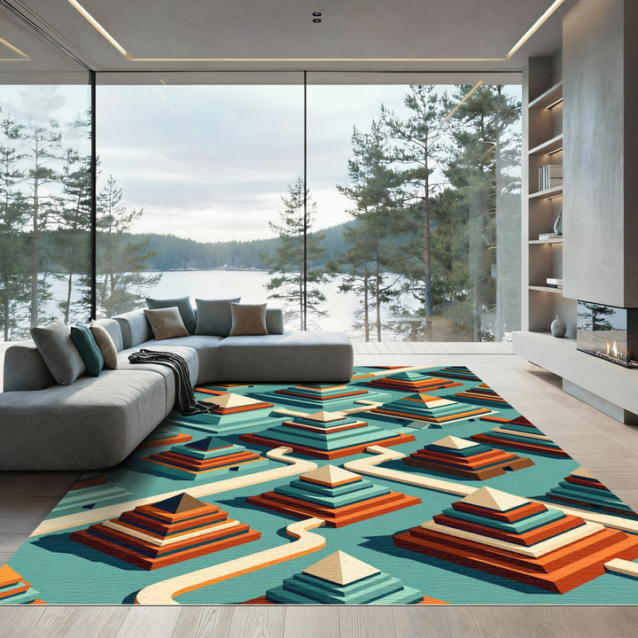 Terracotta Teal Tiered Pyramid Landscape Rug