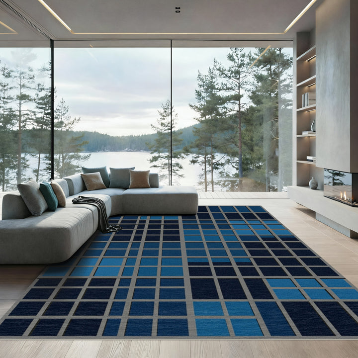 Deep Blue Grid Rectangle Rug