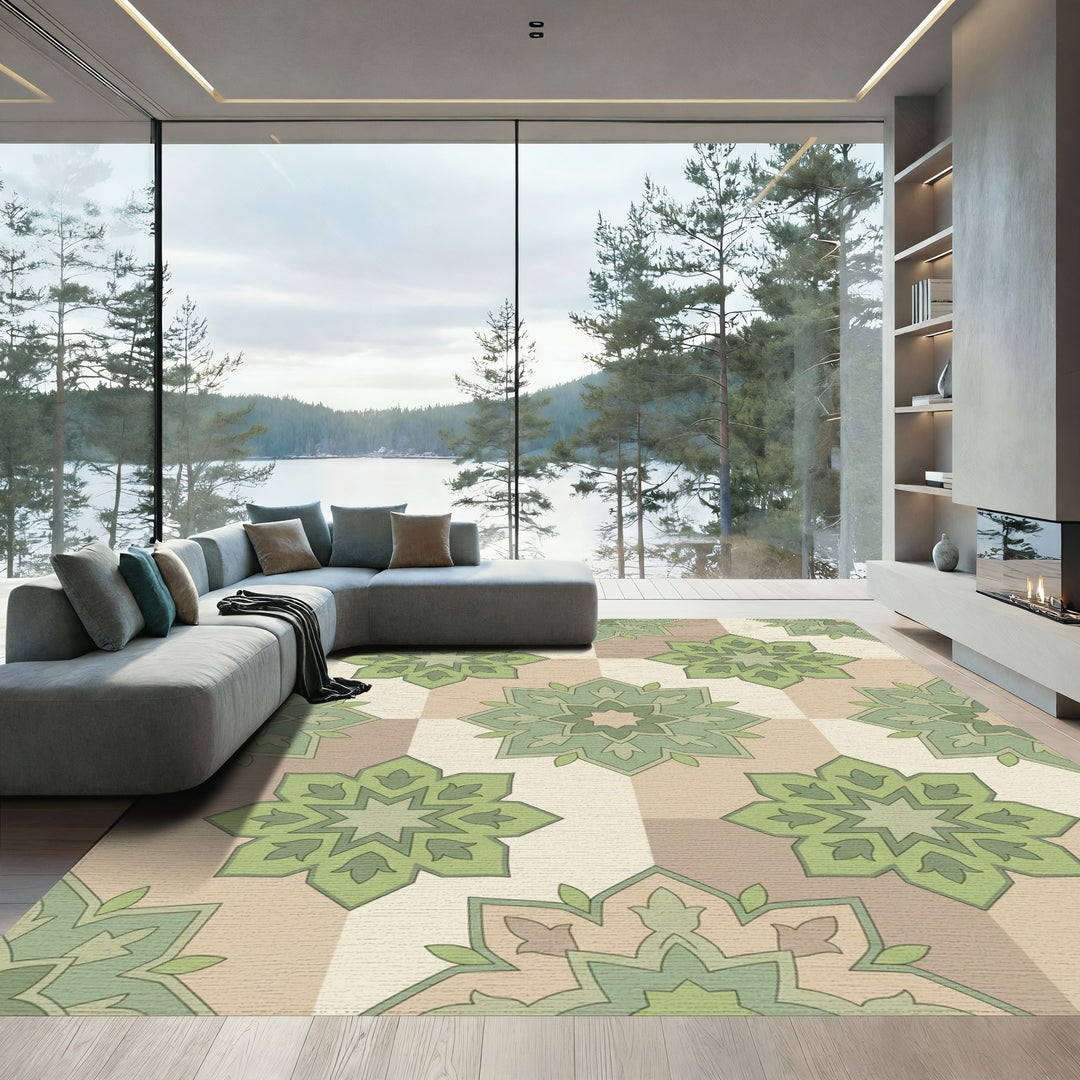 Sage Green Floral Mandala Square Rug