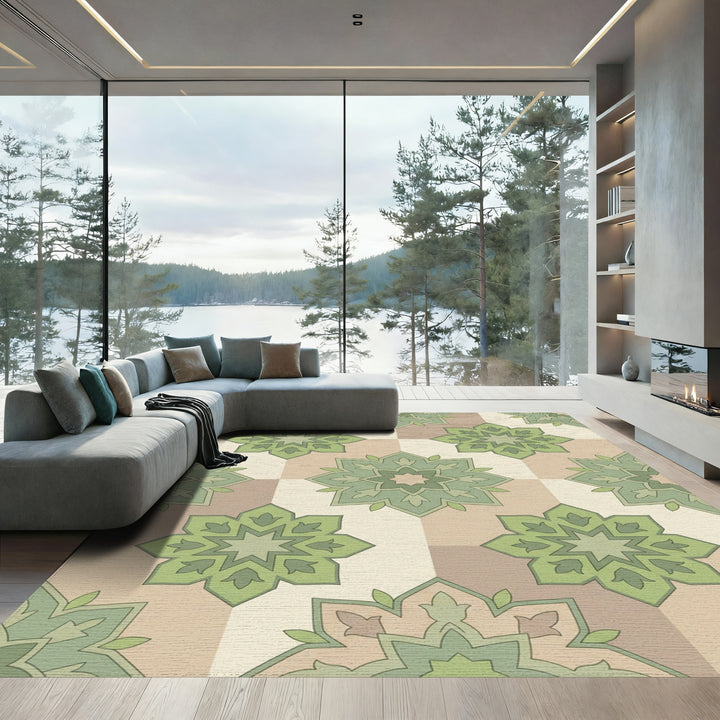 Sage Green Floral Mandala Square Rug