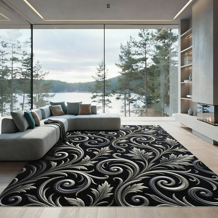 Ornate Silver Leaf Scrollwork Rug