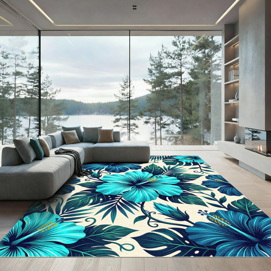 Tropical Teal Hibiscus Jungle Rug