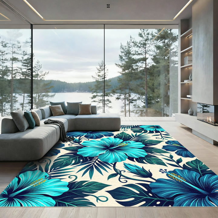 Tropical Teal Hibiscus Jungle Rug
