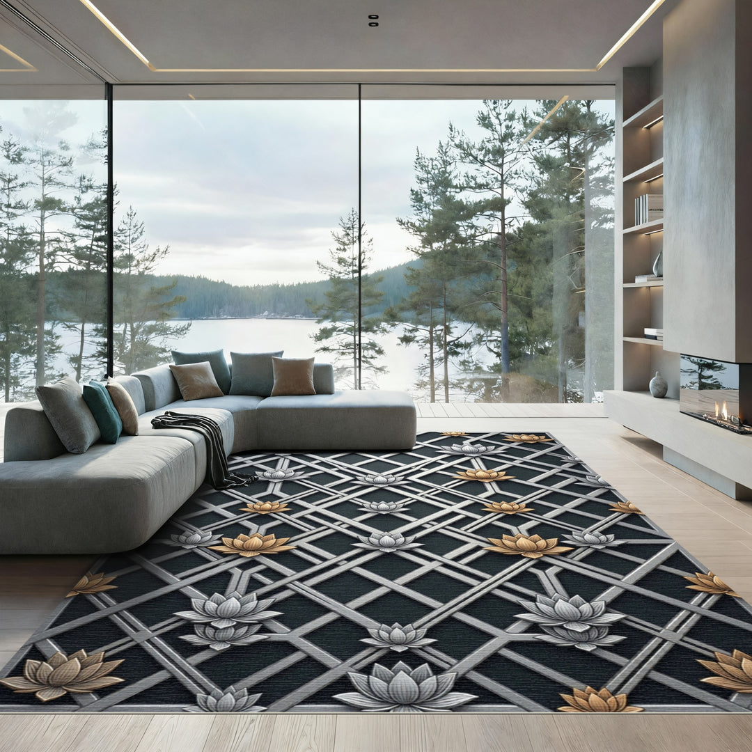 Golden Silver Lotus Lattice Rug