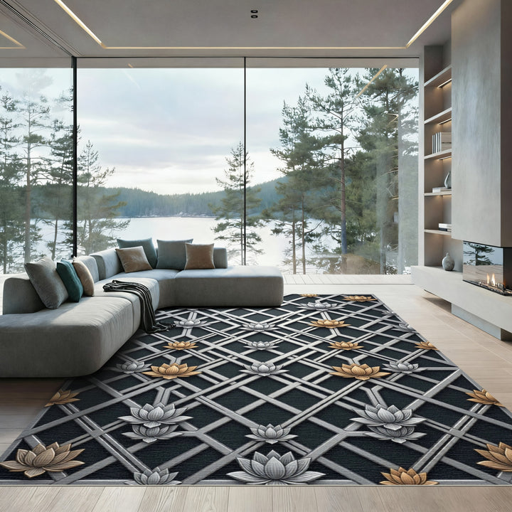 Golden Silver Lotus Lattice Rug