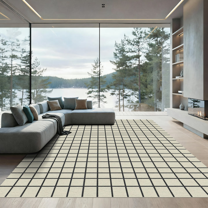 Modern Beige Black Grid Rug