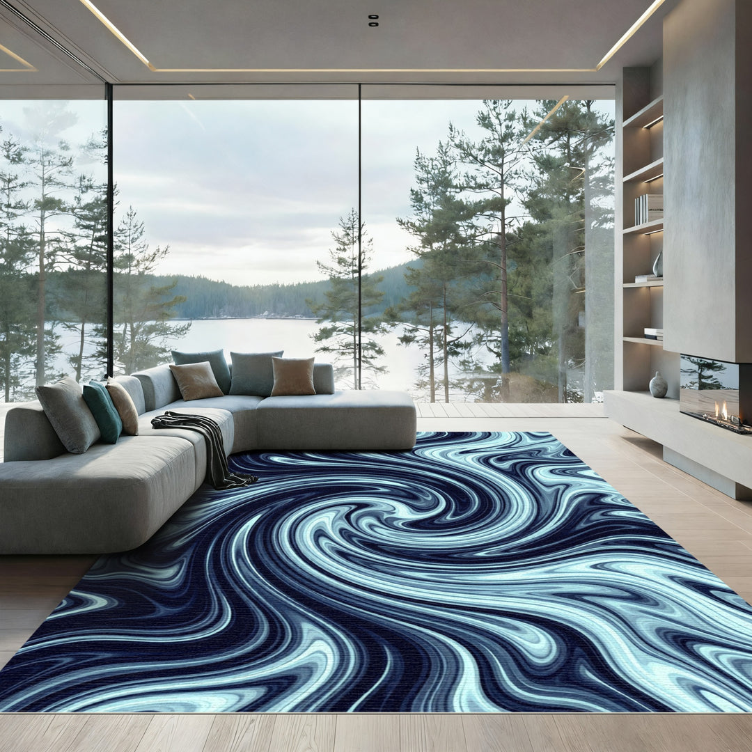 Deep Blue Swirling Abstract Flow Rug