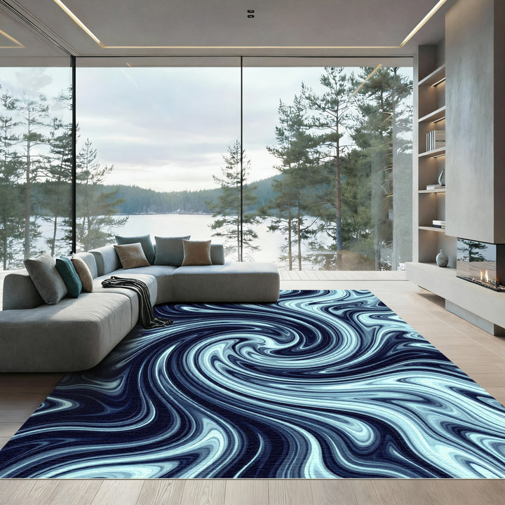 Deep Blue Swirling Abstract Flow Rug
