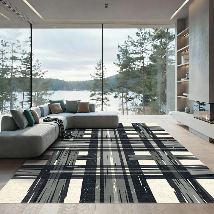 Dark Gray Plaid Grunge Texture Rug