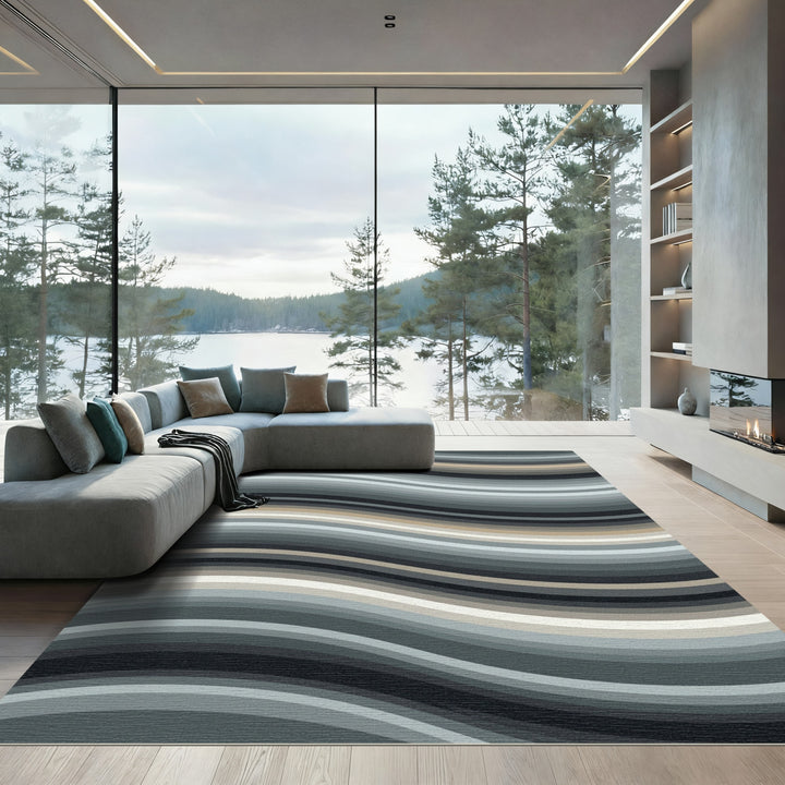 Abstract Wavy Gray Tan Stripe Rug