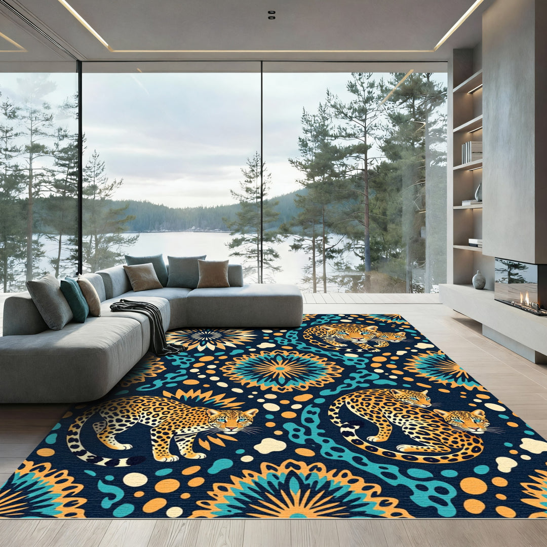 Golden Leopard Family Mandalas Rug