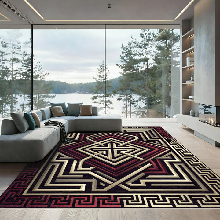 Muted Red Geometric Maze Rug