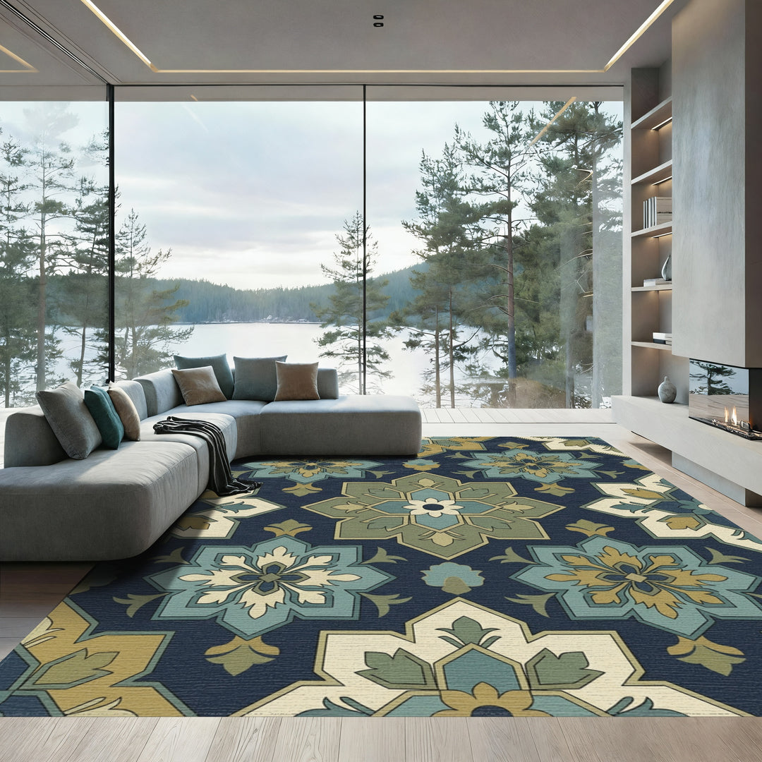 Deep Blue Medallion Garden Rug