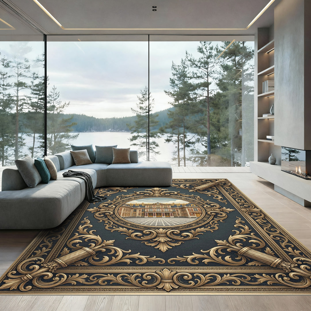 Ornate Gold Palace Architectural Emblem Rug
