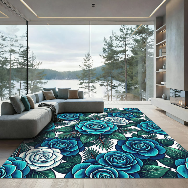 Turquoise Blue Rose Leaf Accents Rug