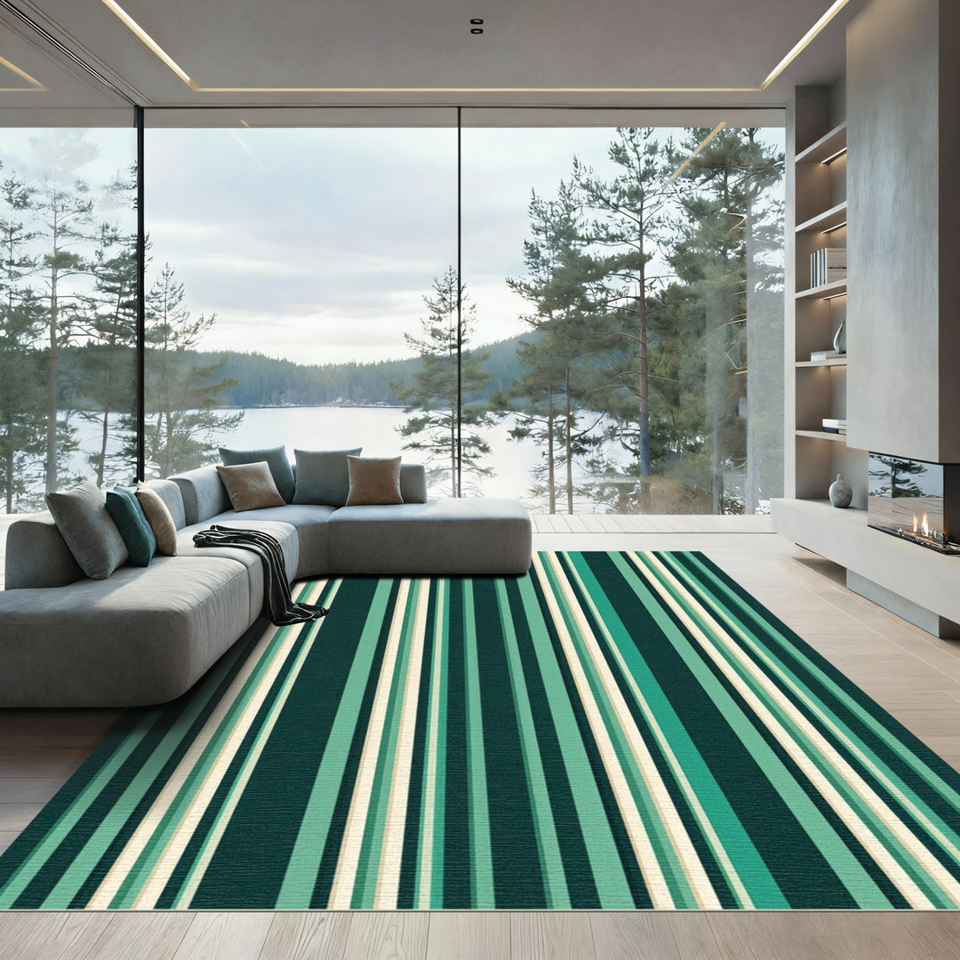 Dark Teal Cream Vertical Stripes Rug