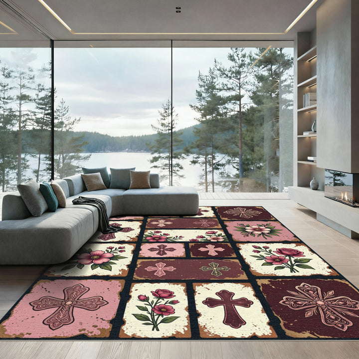 Pink Floral Cross Collage Rug