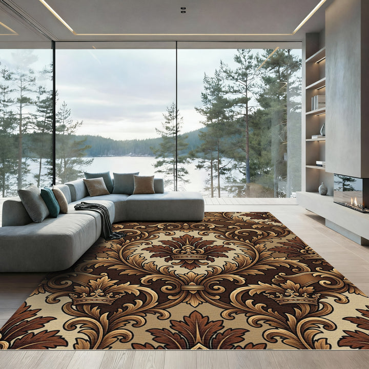 Rich Brown Royal Crown Damask Rug