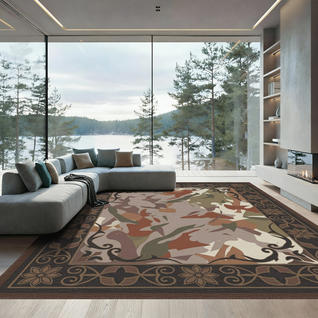 Camouflage Abstract Earthy Tones Border Rug