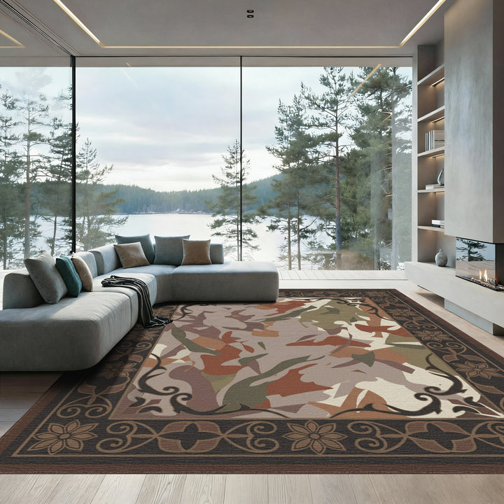 Camouflage Abstract Earthy Tones Border Rug
