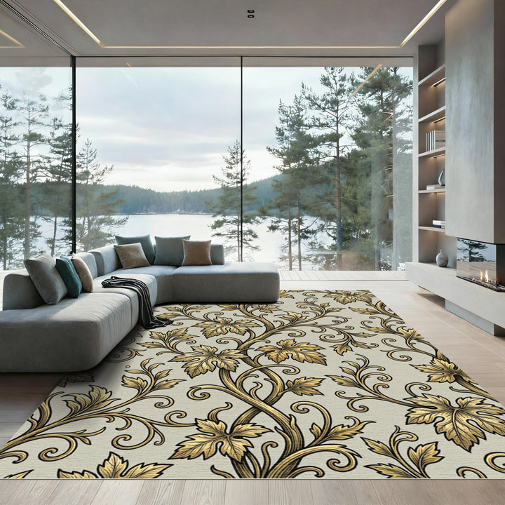 Golden Vine Leaf Swirl Rug