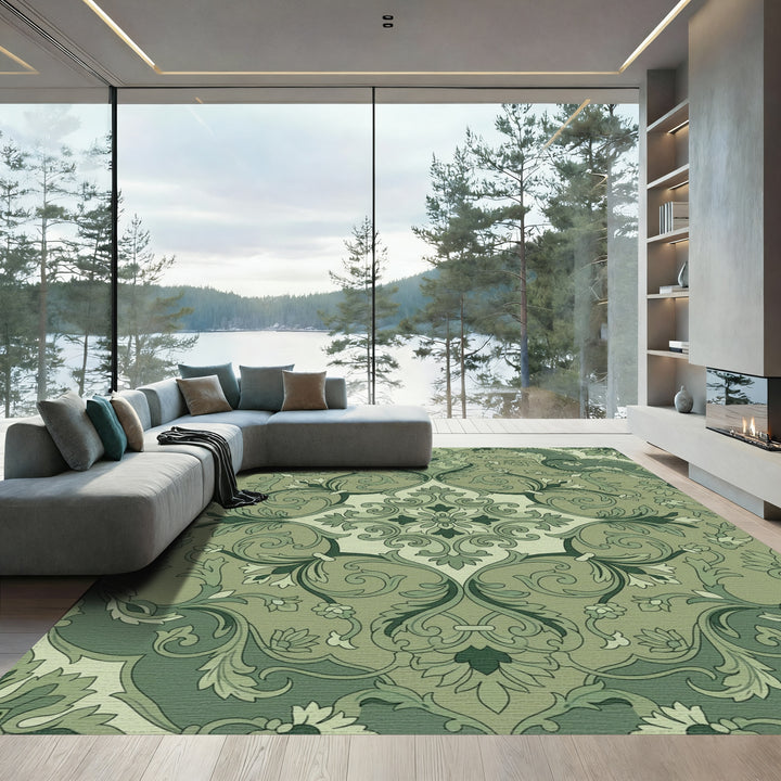 Sage Green Floral Scroll Medallion Rug