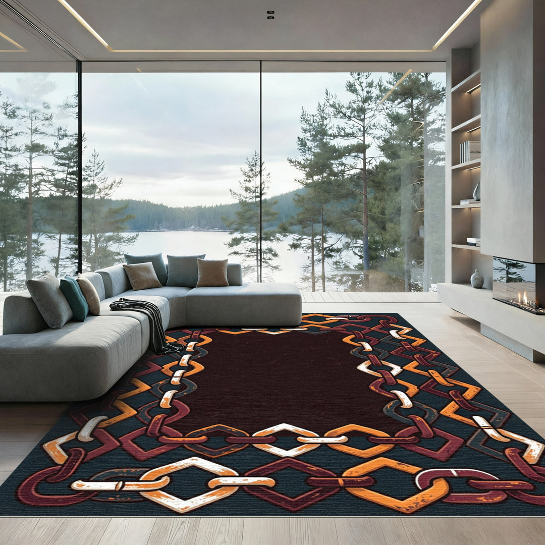 Rustic Geometric Chain Border Rug