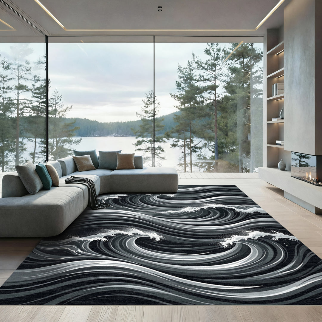 Monochromatic Dynamic Ocean Wave Swirl Rug