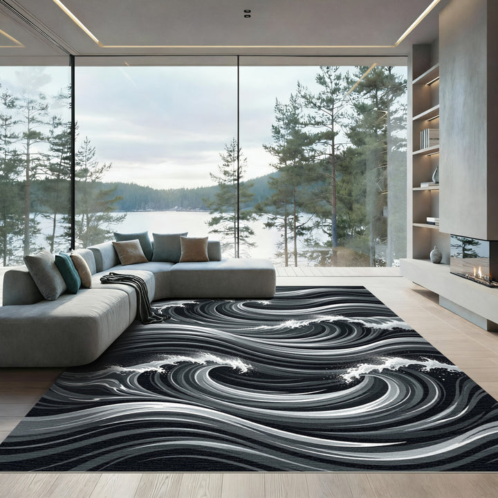 Monochromatic Dynamic Ocean Wave Swirl Rug