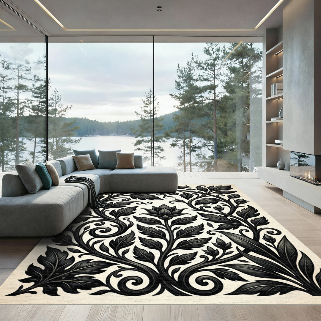 Ornate Black Floral Vine Rug