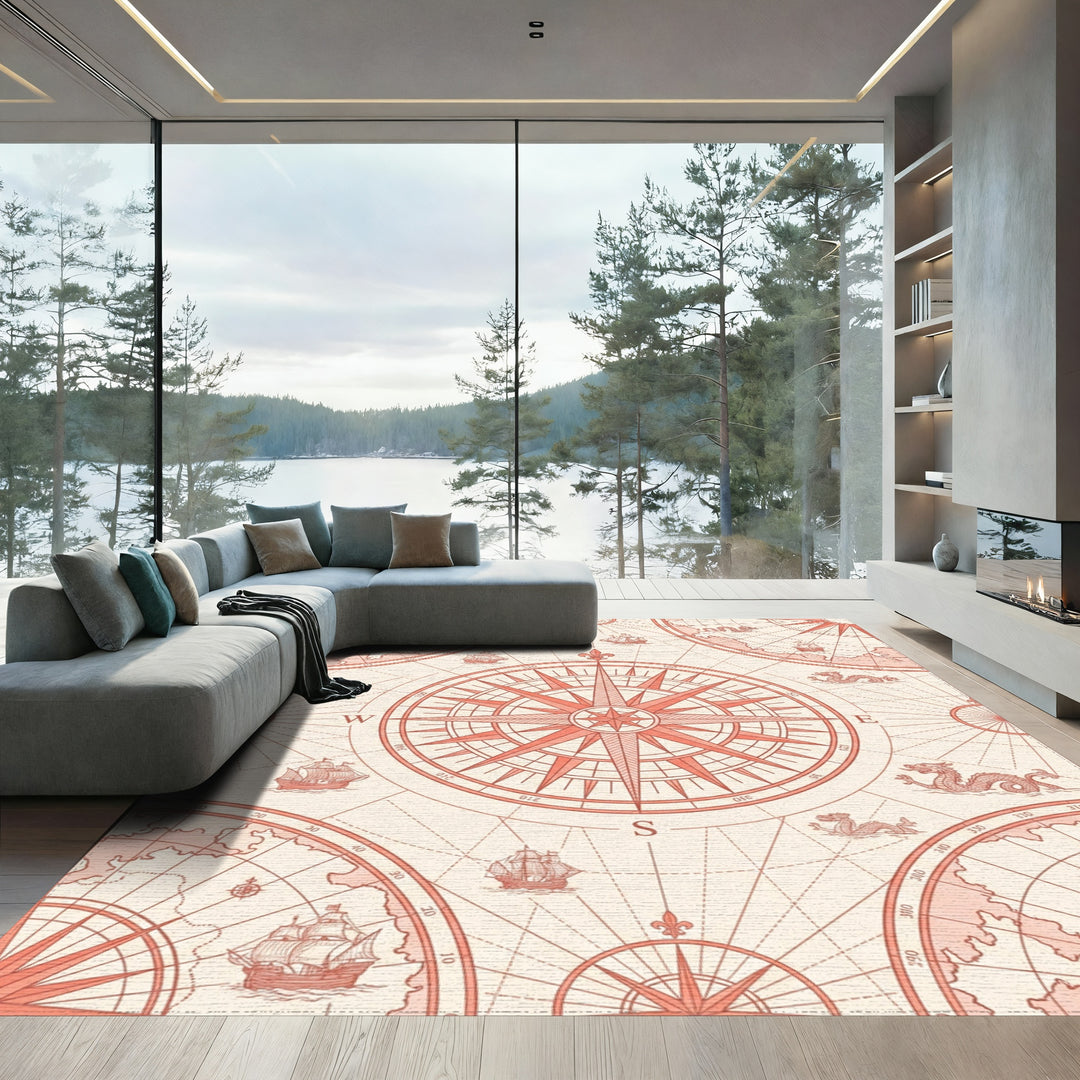 Coral Nautical Compass Ship Dragon Map Rug