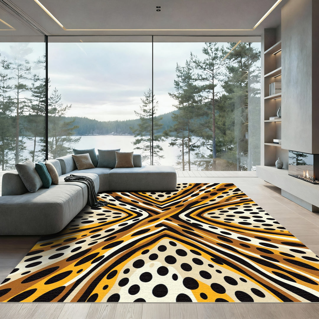 Abstract Yellow Black Dot Flow Rug