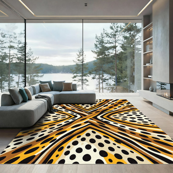 Abstract Yellow Black Dot Flow Rug