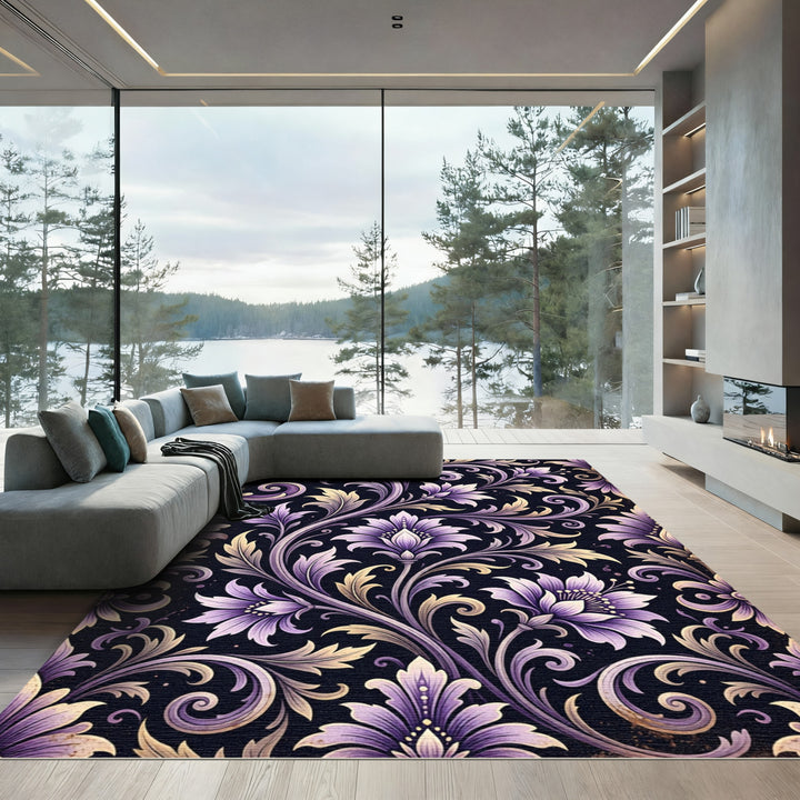 Purple Golden Baroque Floral Swirl Rug