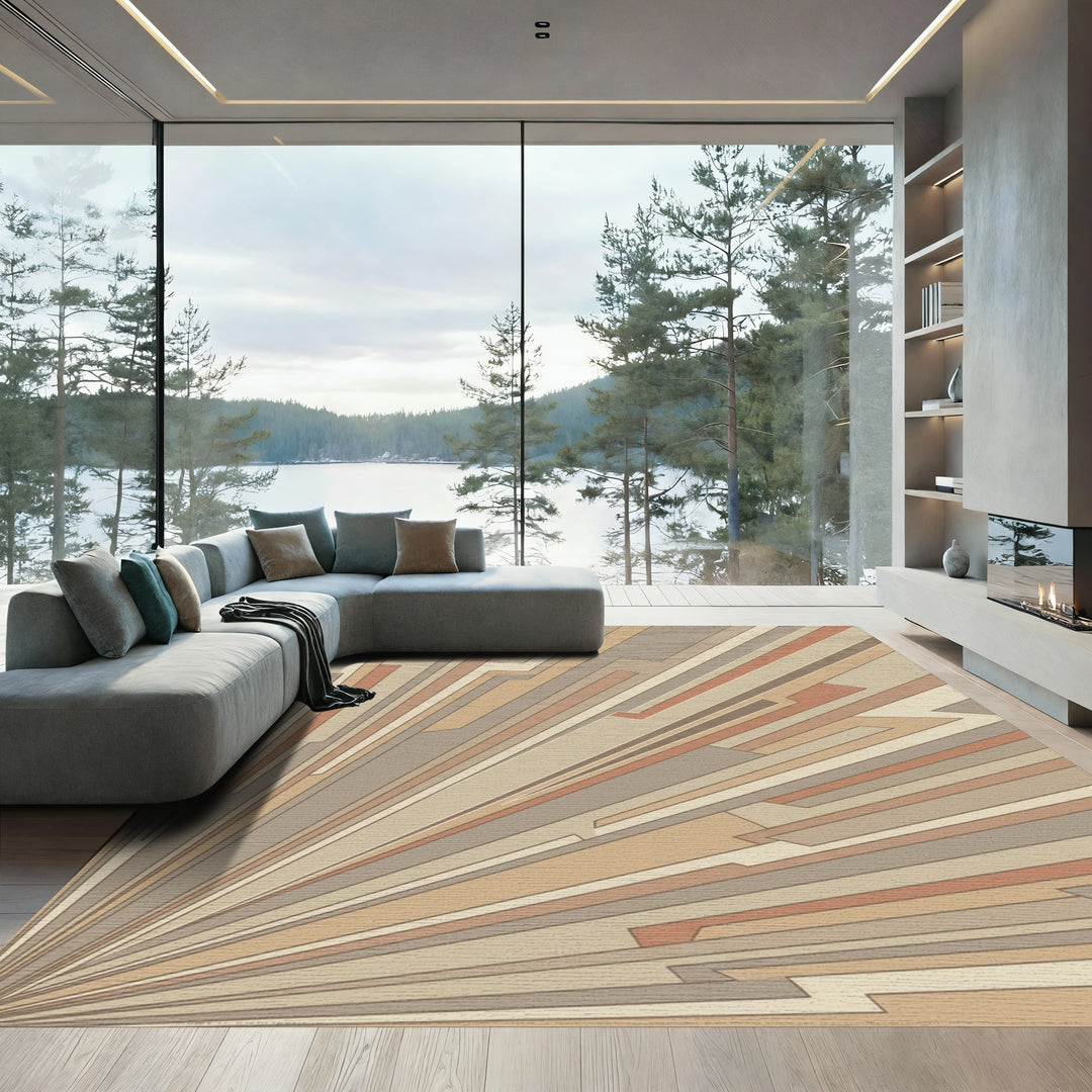Terracotta Brown Geometric Sunburst Rug