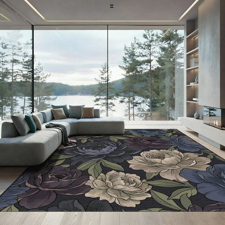 Dark Floral Peony Garden Rug