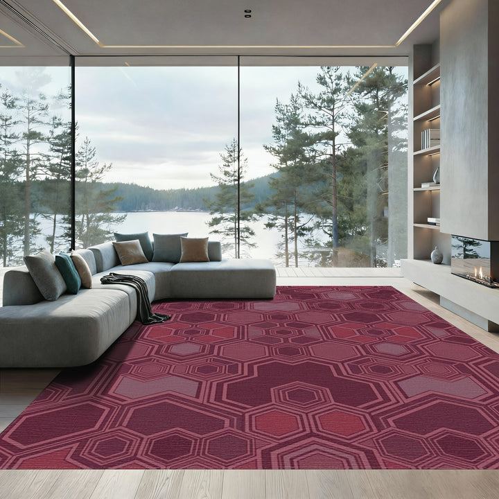 Burgundy Geometric Hexagon Tessellation Rug