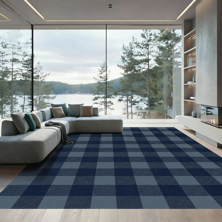 Navy Blue Tonal Plaid Check Rug