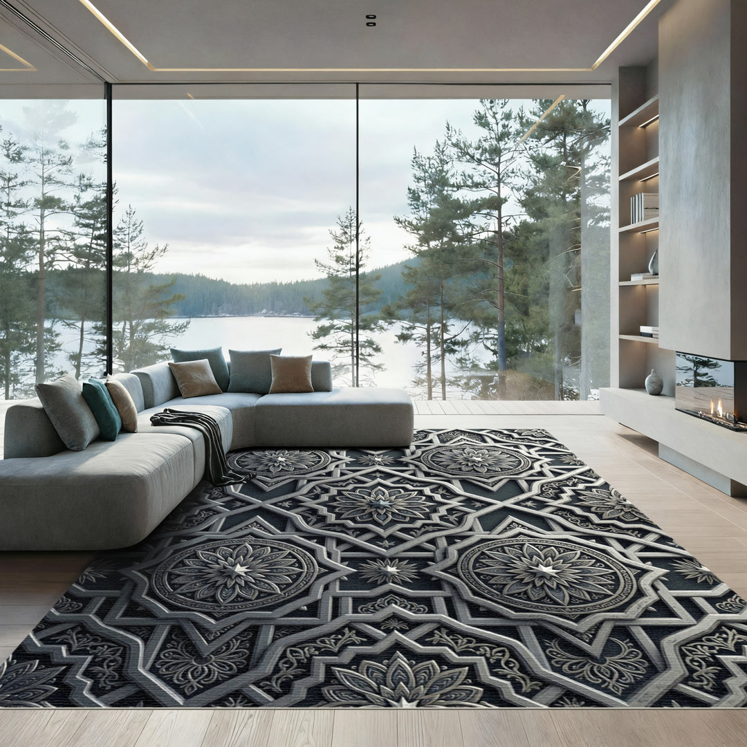 Intricate Silver Starburst Geometric Rug