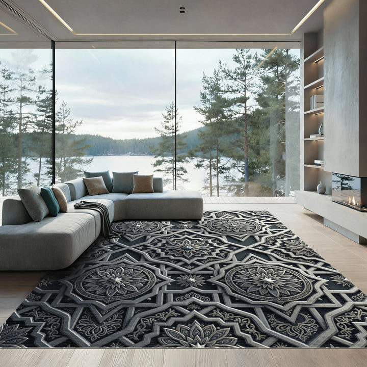 Intricate Silver Starburst Geometric Rug