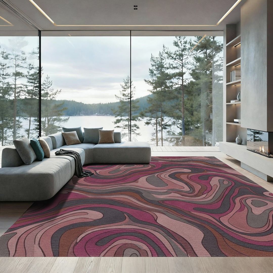 Retro Swirl Abstract Magenta Gray Rug
