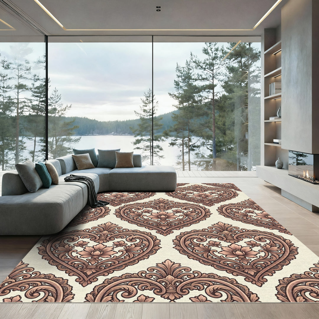Elegant Rose Gold Heart Damask Rug