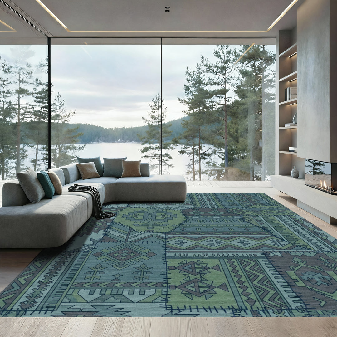 Patchwork Geometric Teal Ethnic Rug